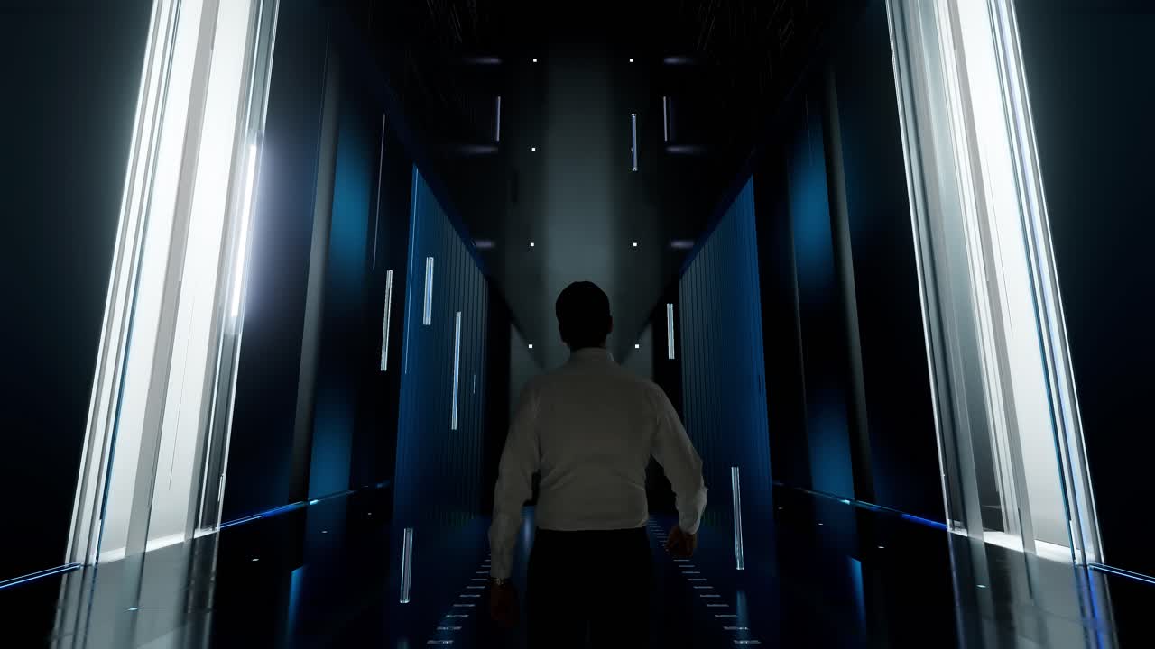 Buy Sell Nfts. Man in Futuristic Office Interior Moving and Activating Hologram.