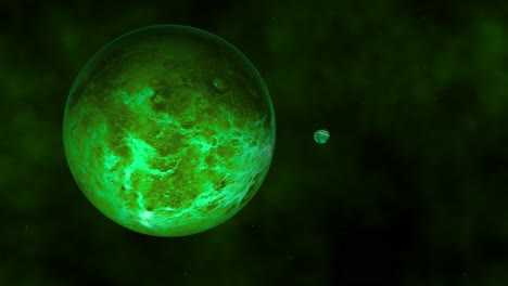 acercándose a un gran exoplaneta verde y luna en un fondo de nebulosa en una galaxia distante