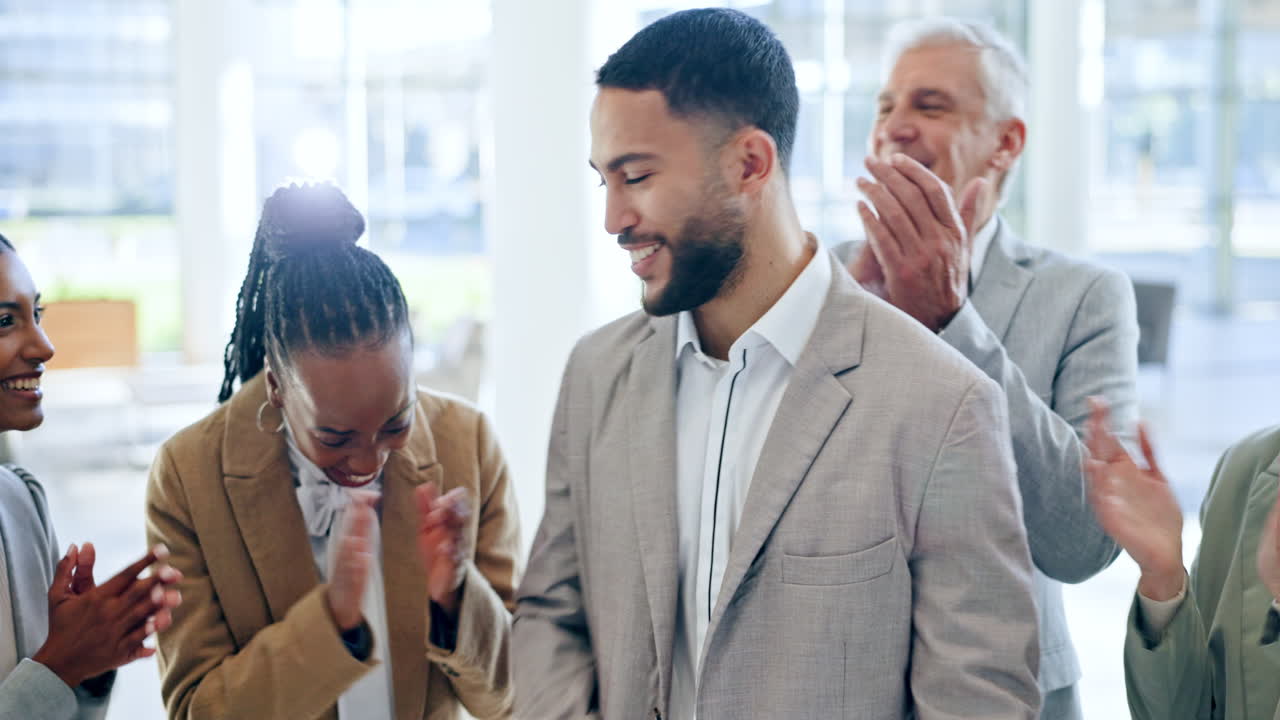 Promotion, happy man and business people