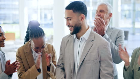 promotion, happy man and business people