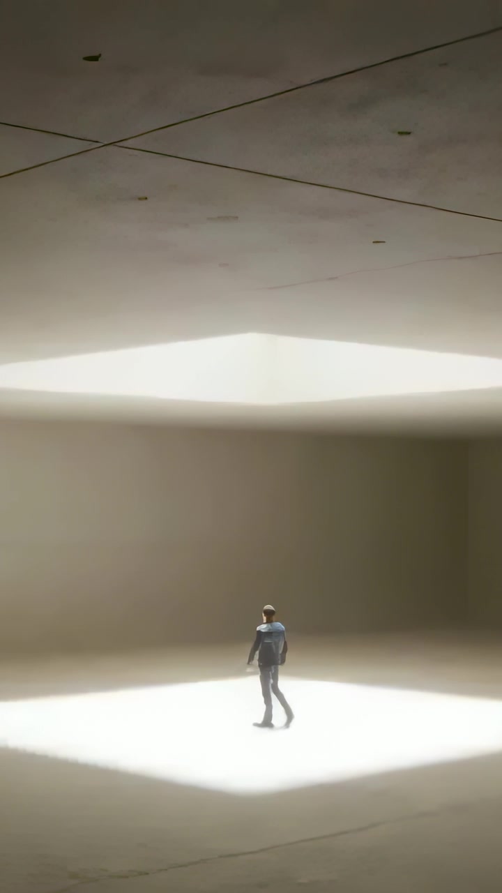 Vertikales Video: Sonnenlicht zeichnet Mann im Anzug, der geht, innehält und sich auf ein beleuchtetes Quadrat unter einem Oberlicht zubewegt
