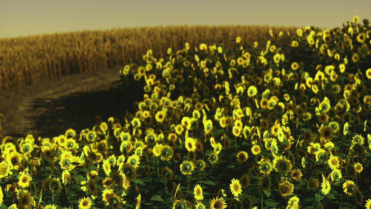 Sunflowers in full bloom under a clear sky near a field at sunset