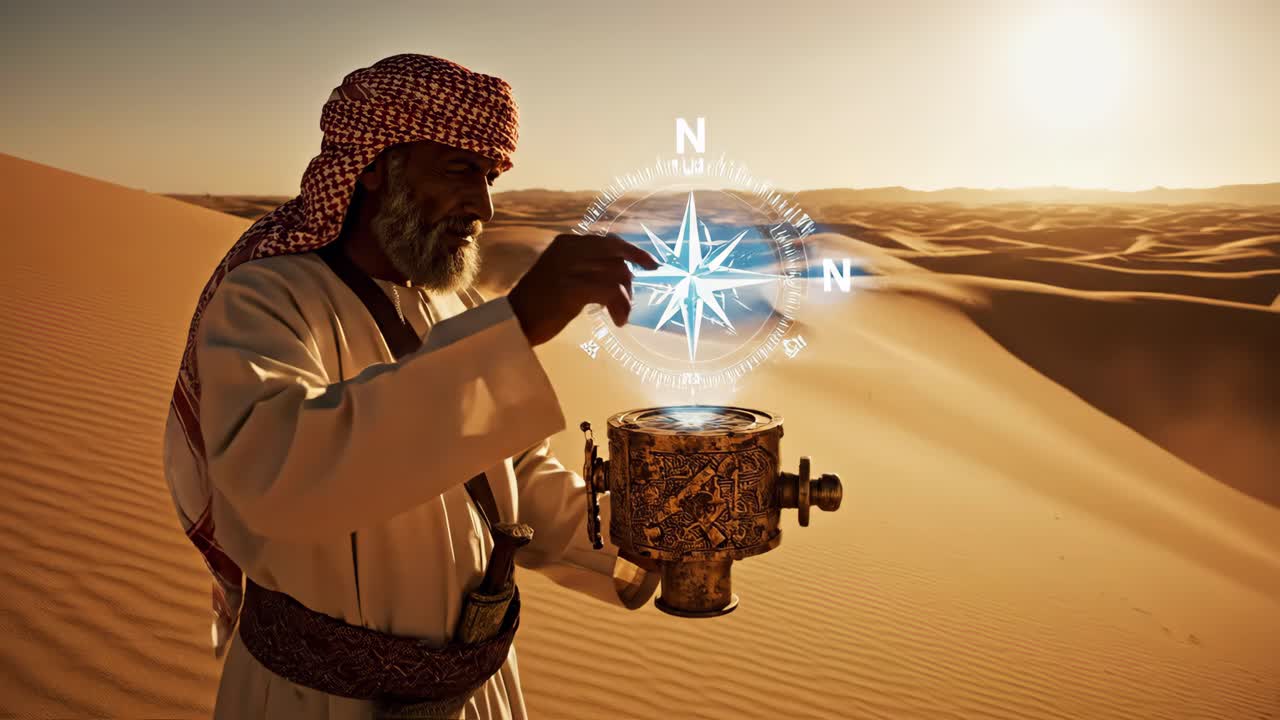 Arabian Man Navigating Desert with Hologram Compass