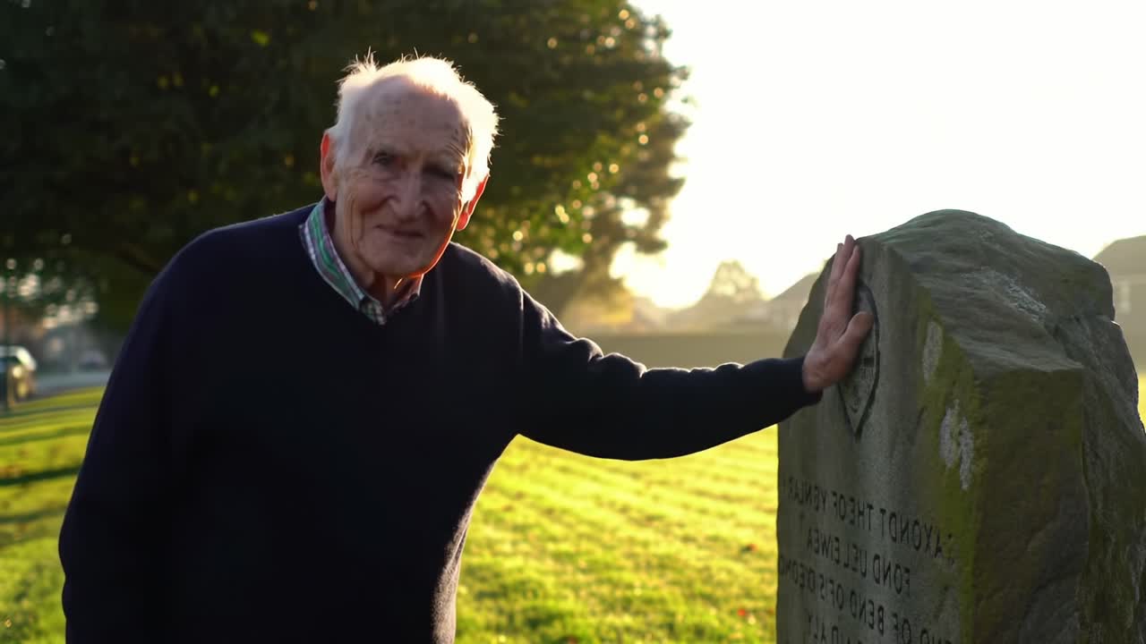 An Elderly Man Reflects on Memories: Touching the Stone Marked with History During a Serene Outdoor Moment in Nature