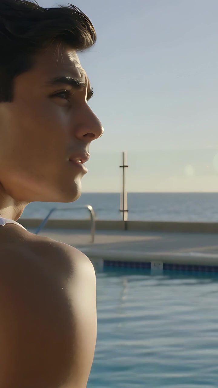 Vertical video: Turning man in white tanktop gazing seaward poolside, camera panning, copy space