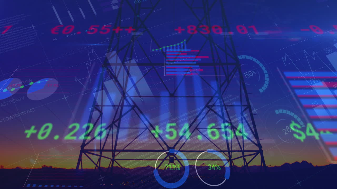 Financial data processing over high voltage tower against sunset sky