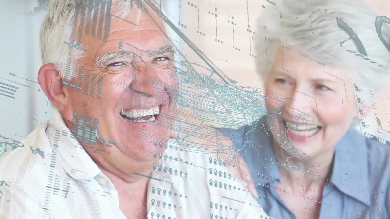 Animation of financial data processing with world map over senior caucasian couple