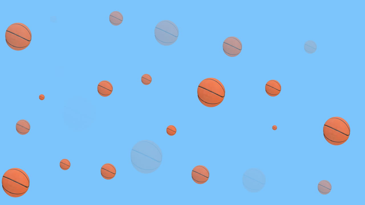 Animation of multiple rows of basketballs on blue background