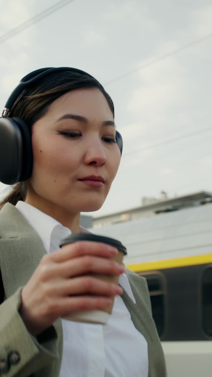 mujer bebiendo café y escuchando música en una estación de tren