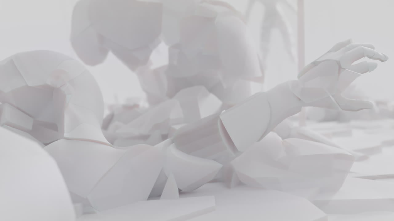 White, crushed android shells on spikes on a foggy junkyard