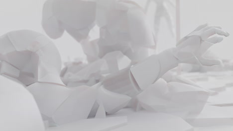 white, crushed android shells on spikes on a foggy junkyard