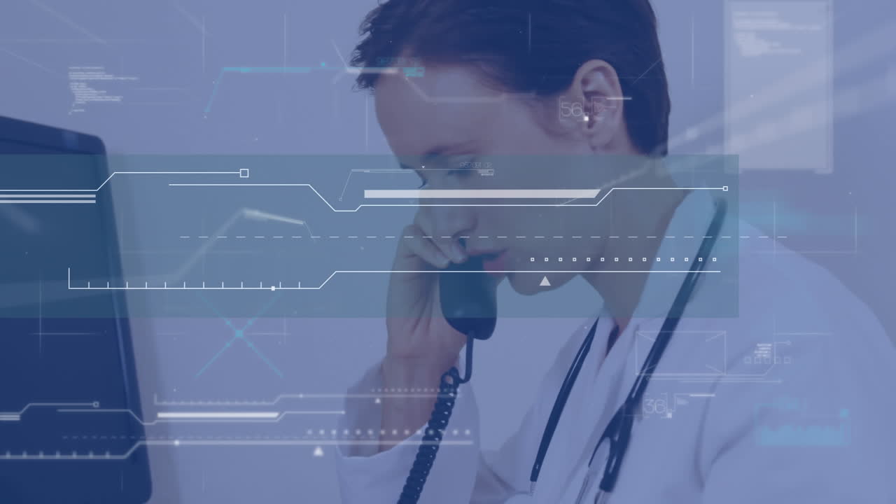 animación del procesamiento de datos sobre una doctora usando el teléfono