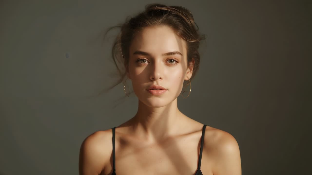 Donna che reagisce alla luce, con sguardo fisso, in un ritratto in studio con un top sottile, un orecchino a cerchio e un'ombra diagonale sul petto.