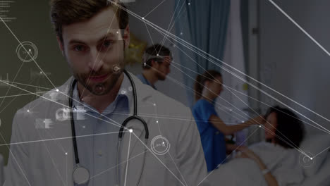 Animation-of-network-of-connections-over-caucasian-male-doctor-using-tablet