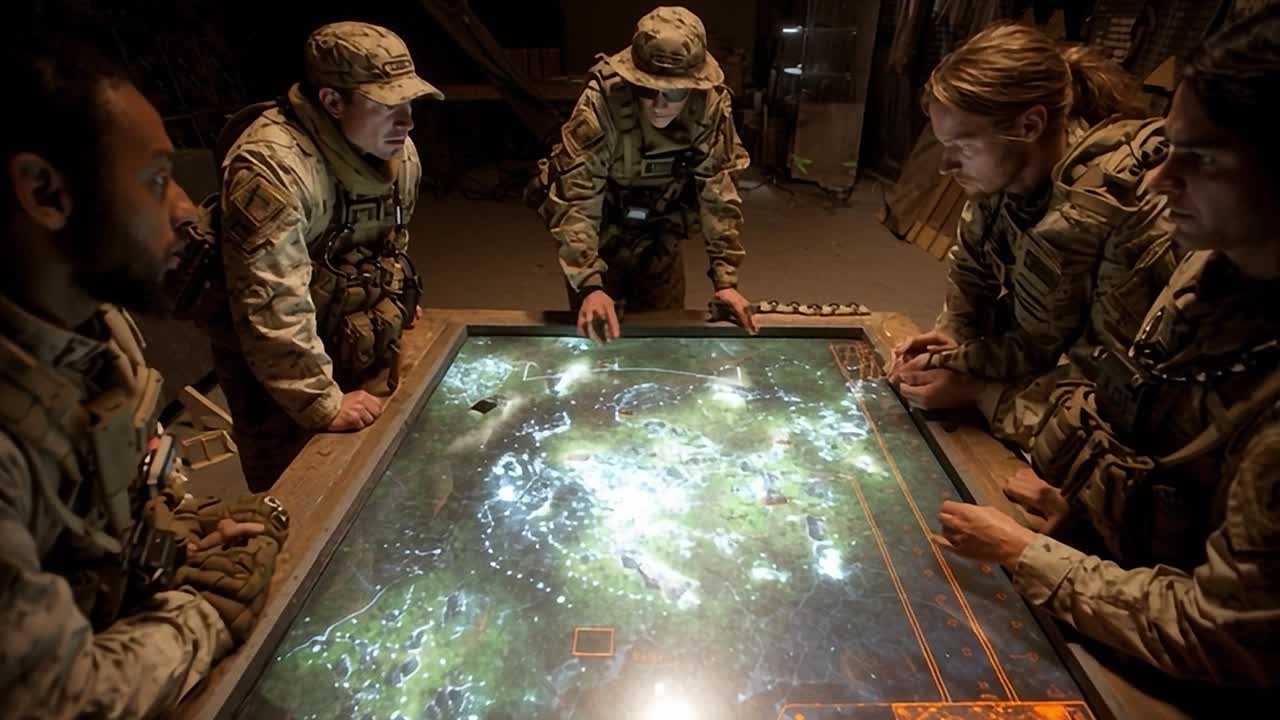Personale militare che elabora strategie in un centro di comando ad alta tecnologia di notte