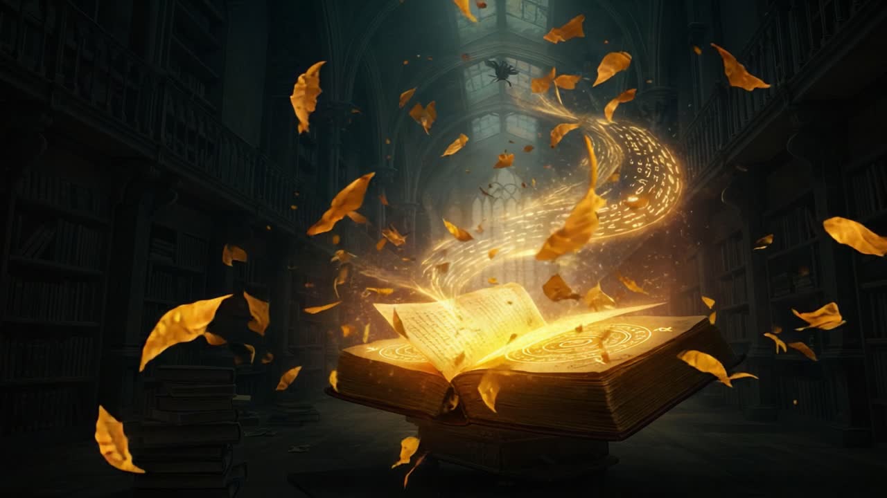 The Enchanted Book: A Magical Journey Through Pages Filled with Glimmer and Wonder in an Ancient Library Setting