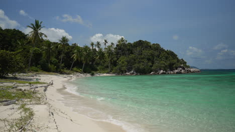 impresionante toma del océano en calma y la idílica playa de arena de la isla tropical con exuberantes palmeras y un cielo azul claro