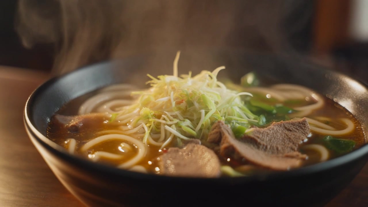 Ciotola fumante di zuppa fresca di noodle di manzo