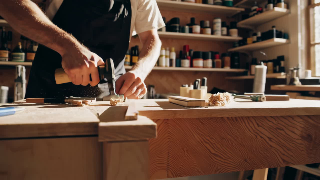 A Craftsman Works on Wood in His Workshop