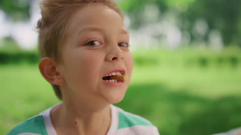 cute boy grimacing on camera on picnic close up. funny child play eating snack.