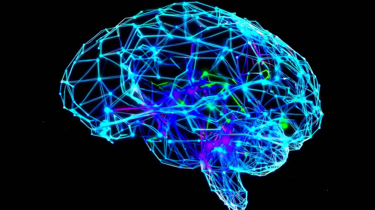 Futuristic video concept of a digital brain, side view. Neon blue wireframe design with glowing