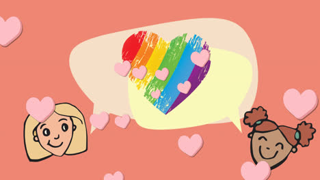 animation of rainbow heart and girls icons over pink background