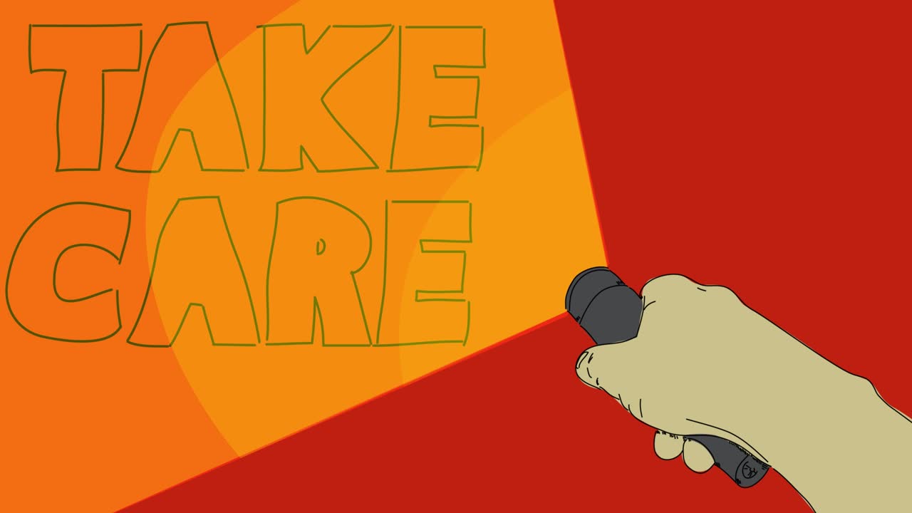 손전등은 조심하는 텍스트를 조명합니다. 손을 들고 주머니를 들고 전기 램프를 이끌었습니다.