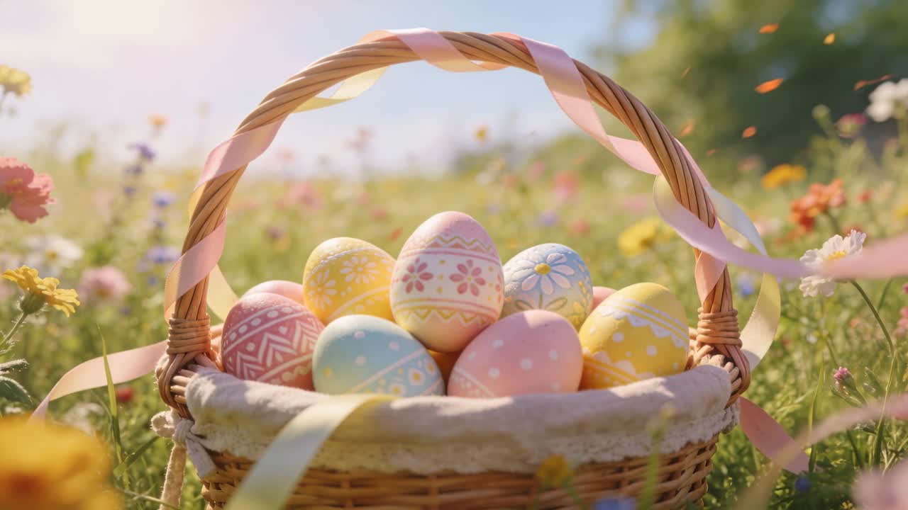 Drifting ribbons pulling petals from breeze around basket holding nine eggs in meadow, sun glinting