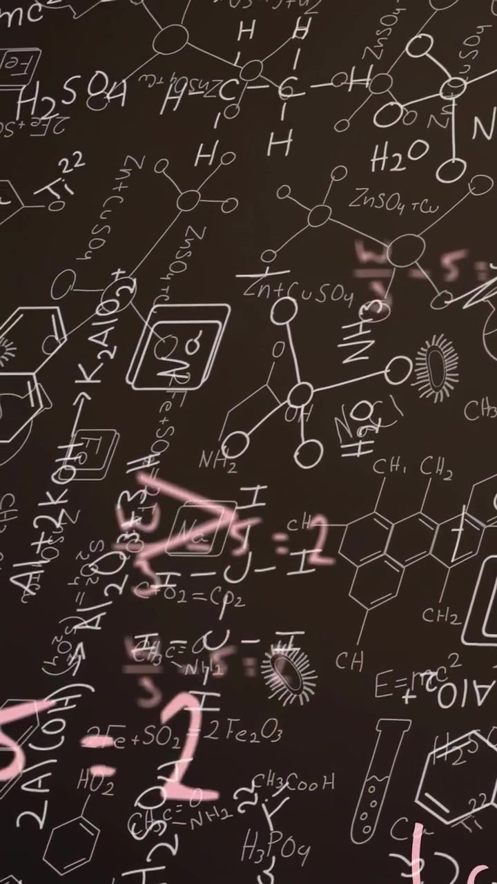 Vertical video: Camera panning up revealing chemistry mural, pink marks drifting showing formulas