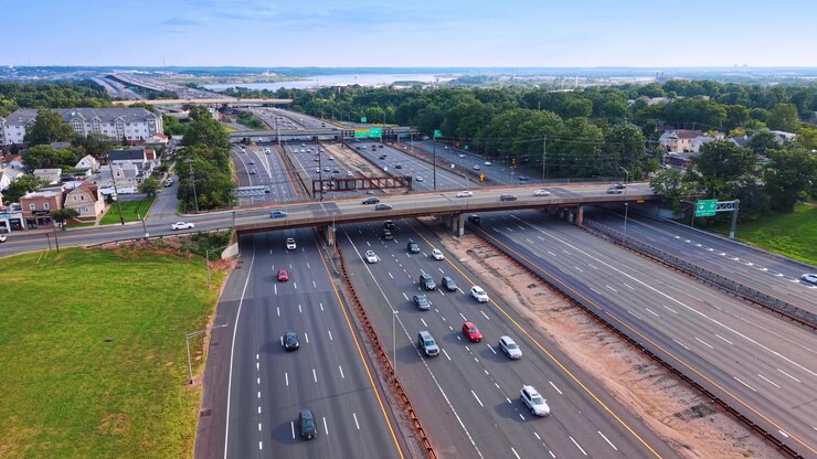 Afternoon sun over highway overpass near residential area, New Jersey. Wide aerial shot of green grass lawn, multi lane road and driving cars.