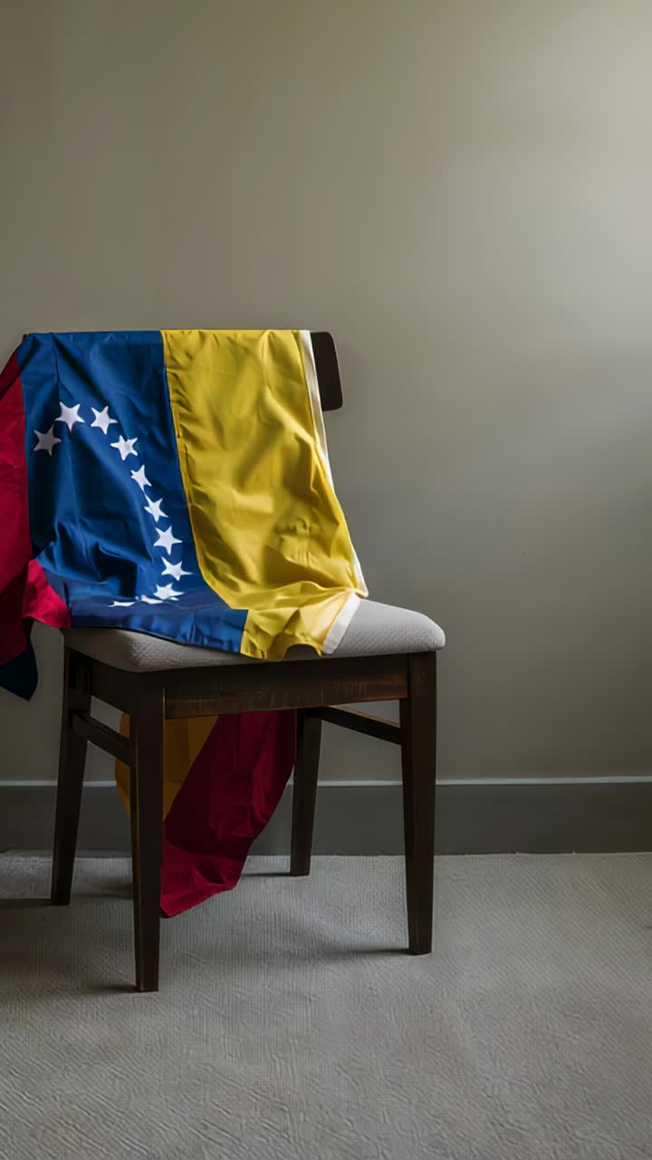 Vídeo vertical: cámara panorámica que muestra una silla con la bandera de Venezuela y revela una pared en blanco, espacio para texto