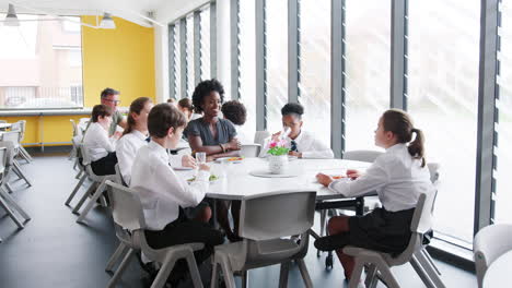 maestra con un grupo de estudiantes de secundaria vestidos de uniforme sentados alrededor de la mesa y comiendo almuerzo en la cafetería
