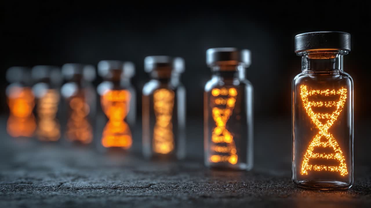 Impactante imagen de viales de vidrio que emiten luz naranja, con patrones en espiral que simbolizan el tiempo y la innovación, creando una atmósfera mística y captando la atención