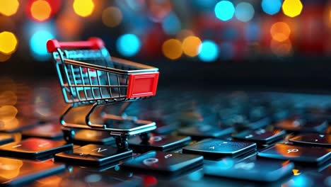 online shopping cart on laptop keyboard