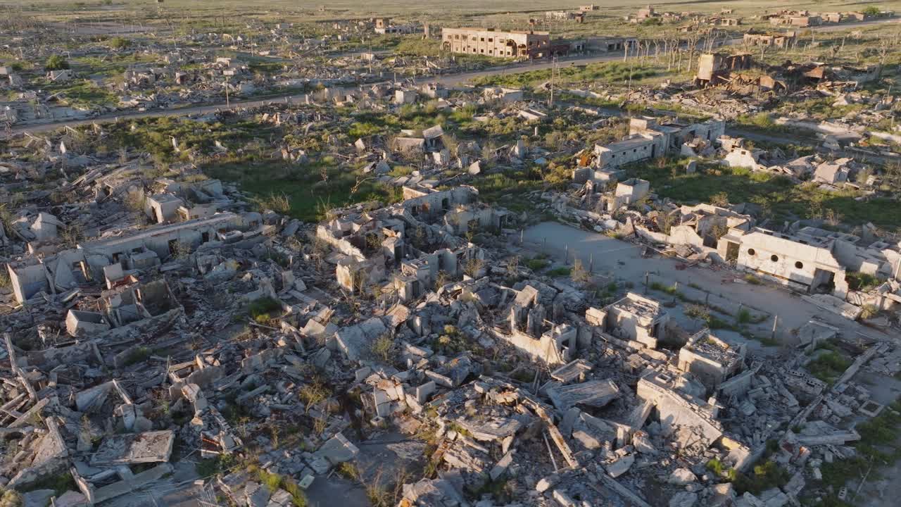 Aerial panoramic Fly Above Villa Epecuen Ghost Town, Submerged Ruins Reclaimed by Time