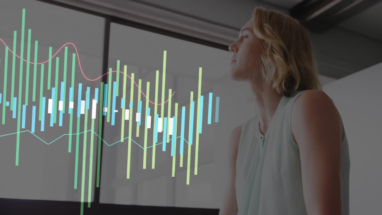 In office, businesswoman analyzing financial data using animation on computer screen