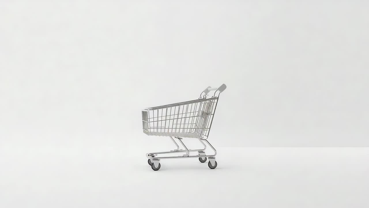 Sliding empty metal shopping cart moving slowly rightward across white studio during frame sequence