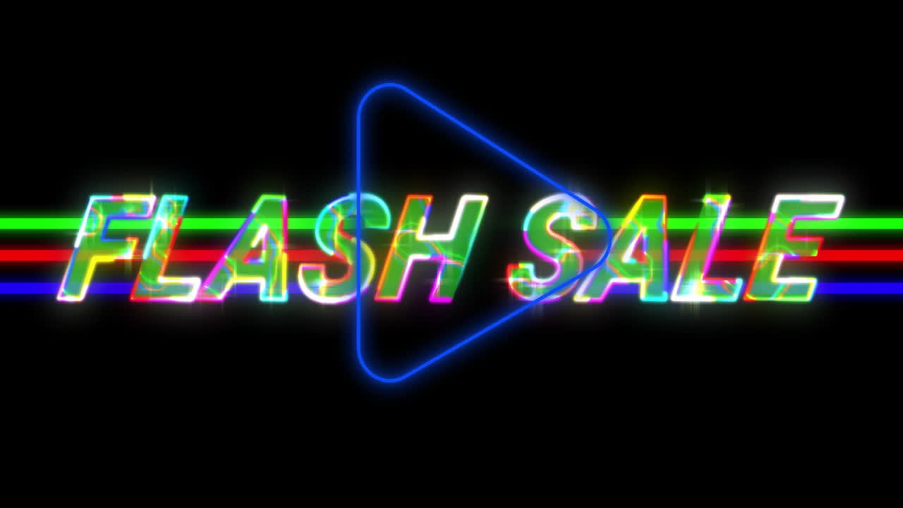Animation of neon flash sale text with glowing triangle and colorful stripes