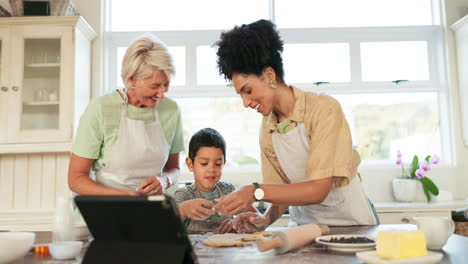 happy, tablet and family with baking help