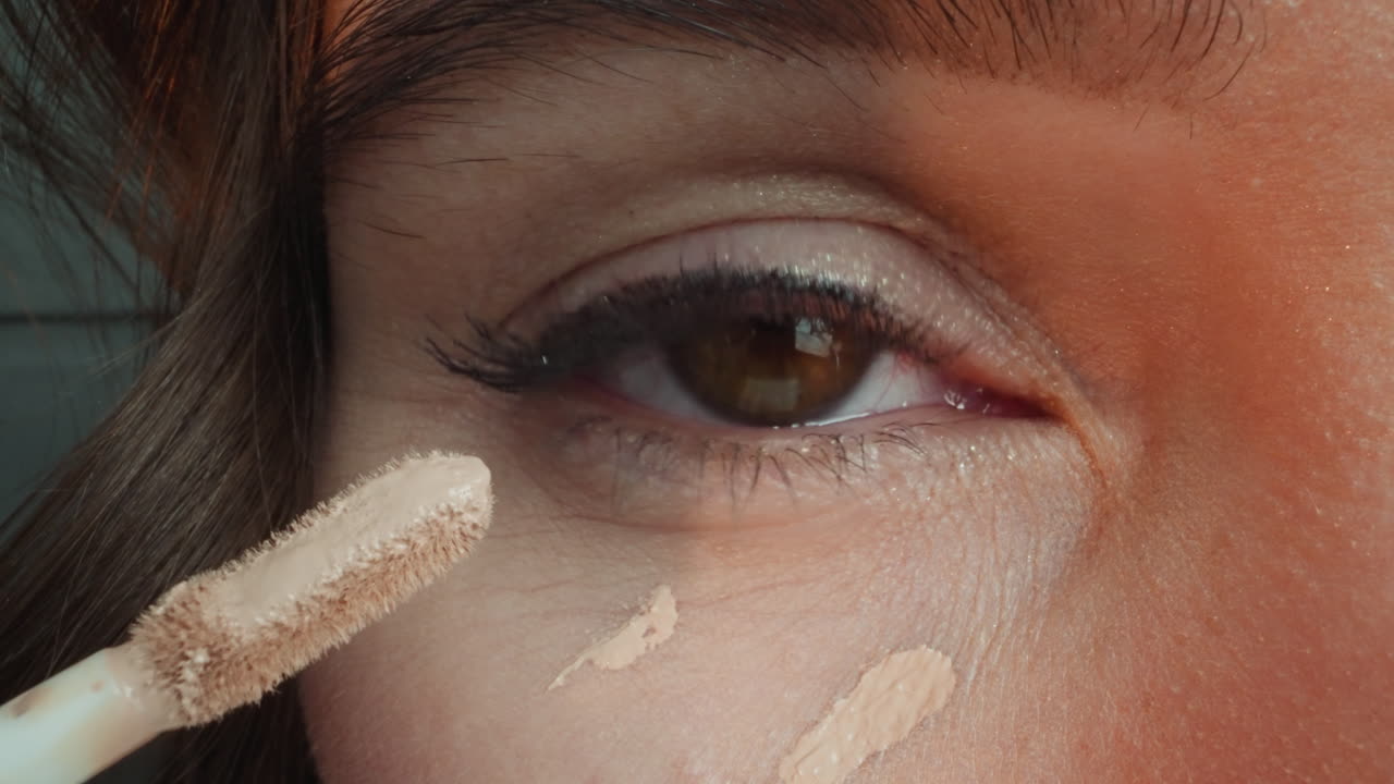 mujer aplica corrector en la piel debajo de los ojos con el aplicador