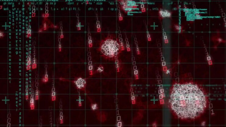 Gitter, der afslører dataknudepunktsklynger, mens binære strømme falder, og kode ruller, der viser dataflow.
