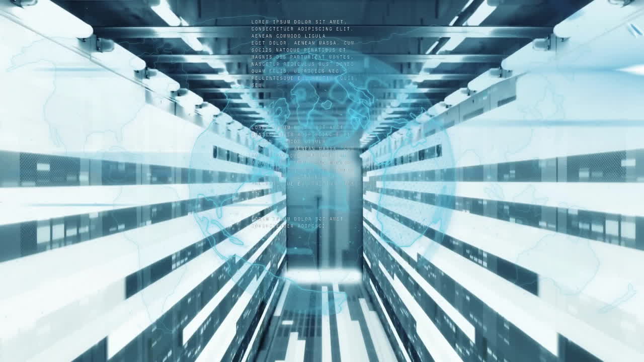 Data processing animation over futuristic server room with glowing lights