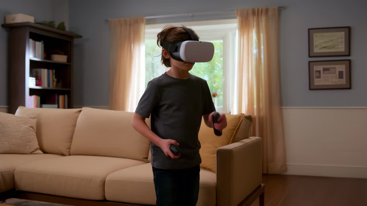 Young boy playing virtual reality game in a living room