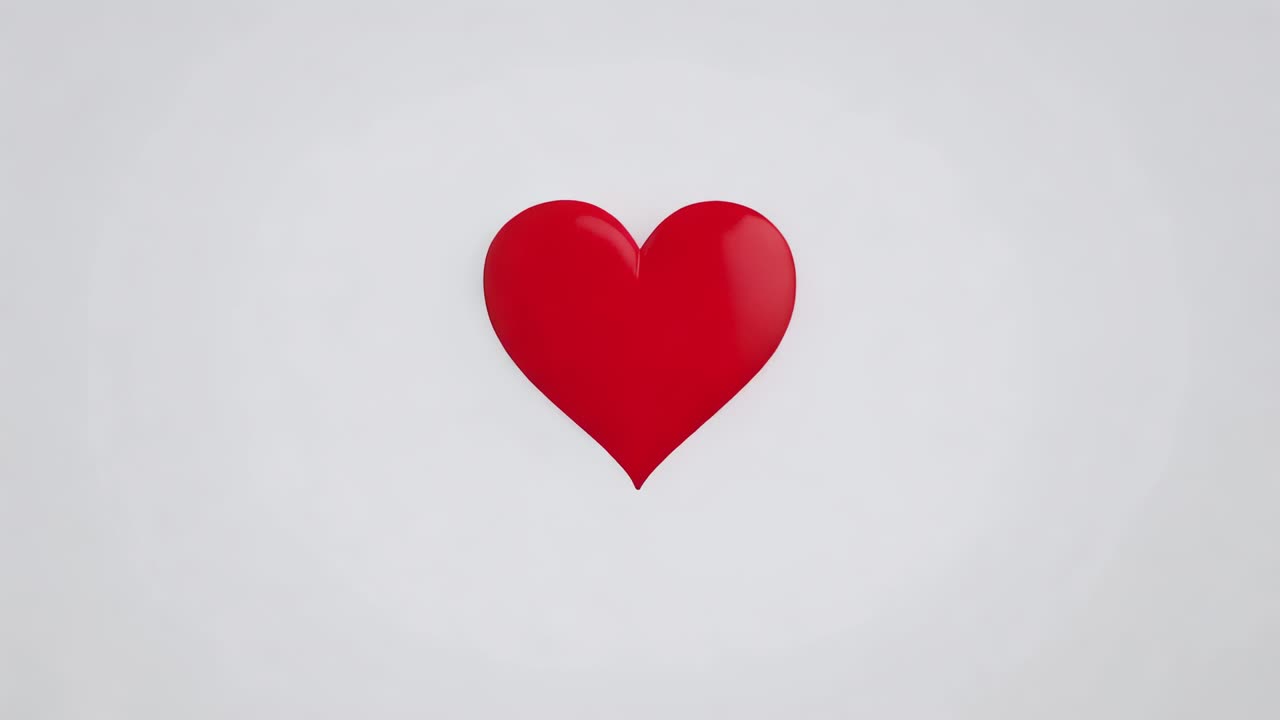 Animazione con cuore rosso lucido che rimane centrato in studio, tagline che si espande per rivelare la frase