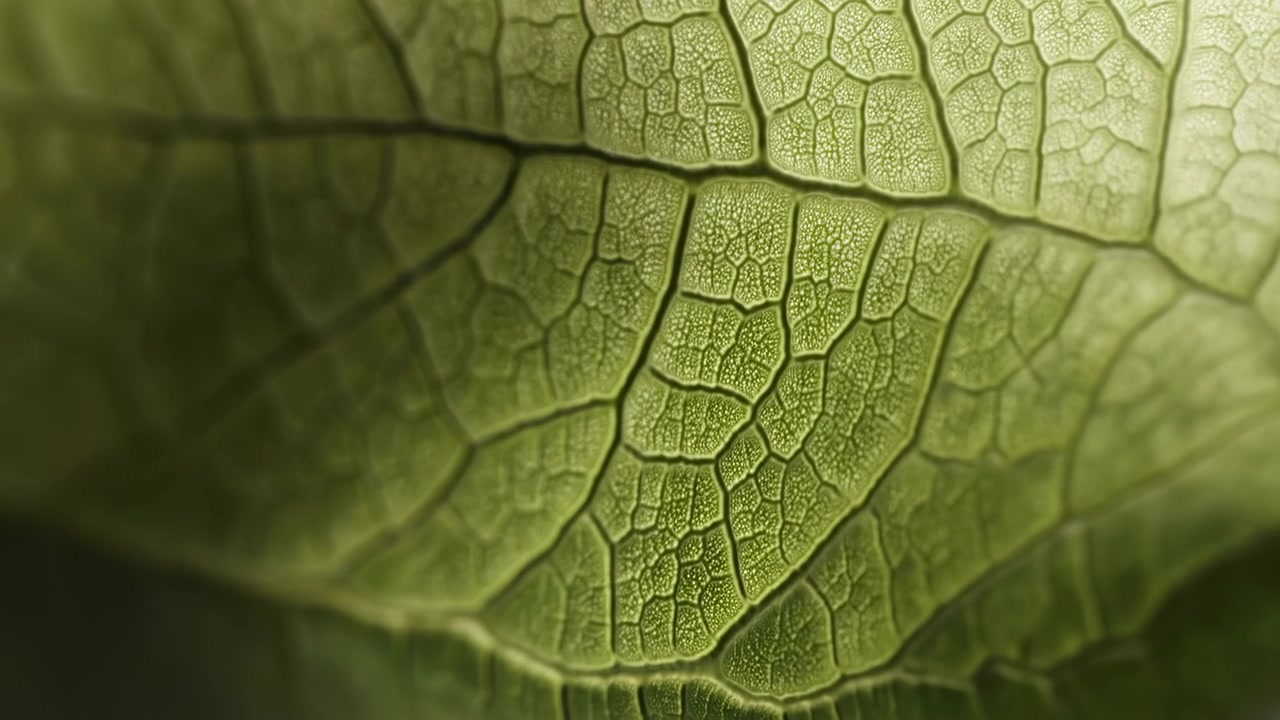 Extreme close-up of a green leaf filling the frame, showing a sharp vein network on the left and a soft blurred area on the right under diffused natural light