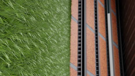 empty stadium 3d render, vertical low angle video with green grass foreground