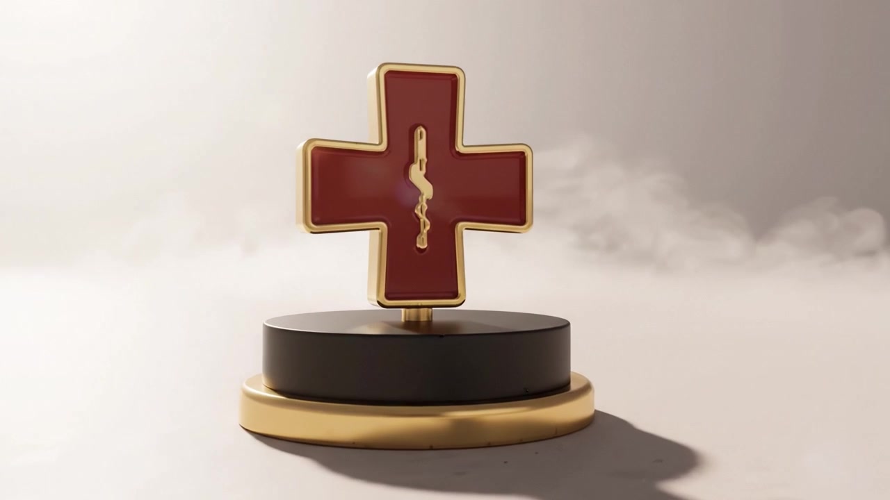Immagine Suggestiva di un Trofeo a Croce Rosso e Oro Lucido su una Base Nera Circondato da una Leggera Nebbia, che Cattura un Momento di Successo e Simbolismo
