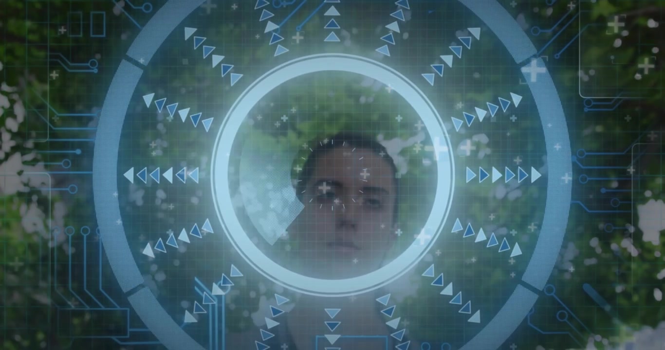 Woman looking up under leafy canopy, initiating augmented reality HUD scanning face for tech demo