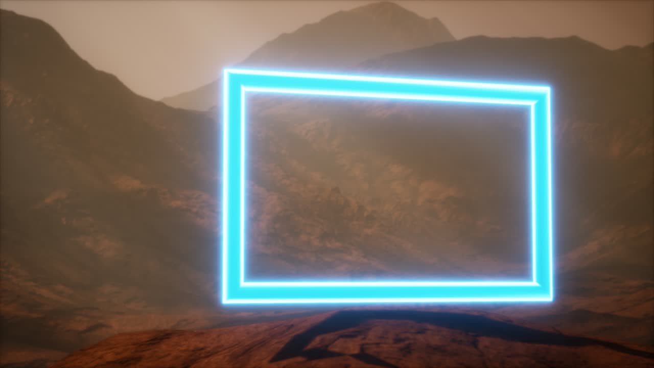 portal de neón en la superficie del planeta marte con el soplo de polvo