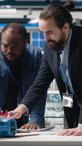 vertical video multiethnic engineers industrial coworkers doing teamwork on production line